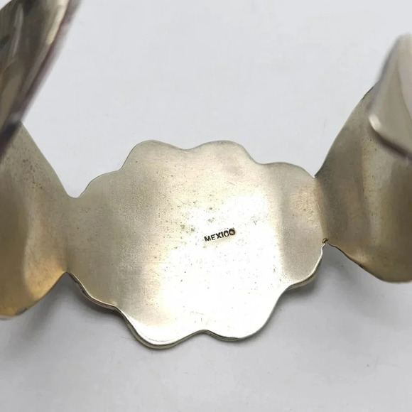 Vintage Mexican Abalone Inlay Coin Silver Cuff Bracelet With Flower Design - Picture 7 of 10